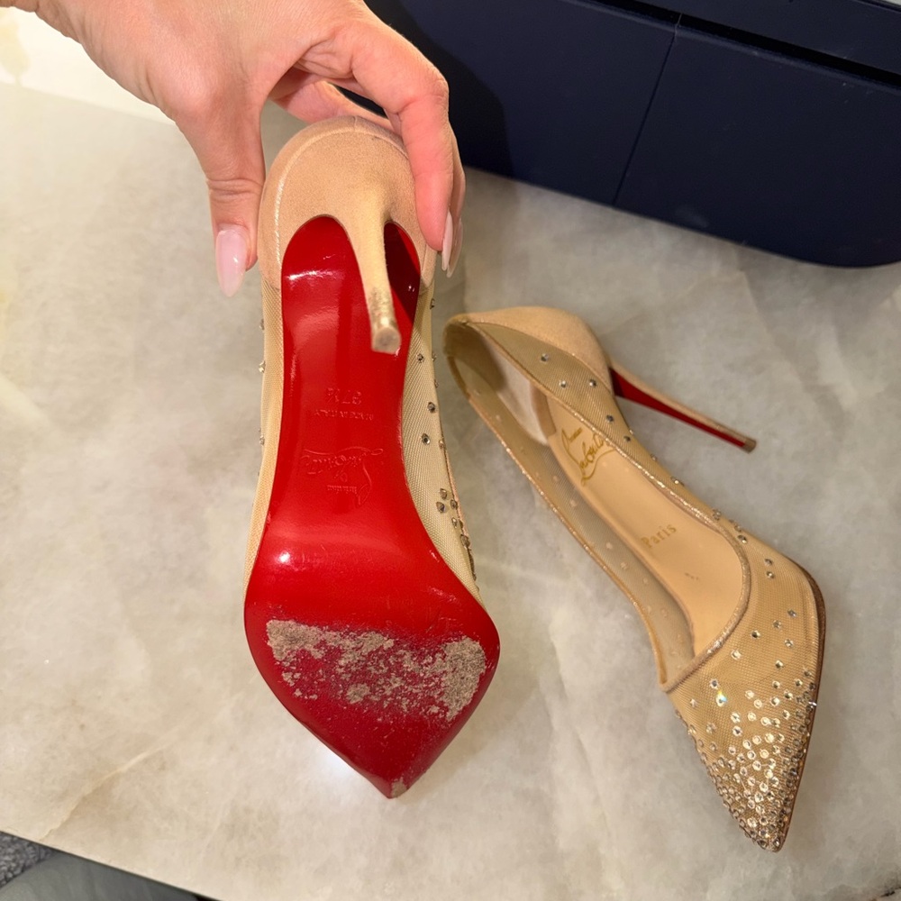 Christian Louboutin Beige Studded Heels - Picture 7 of 12